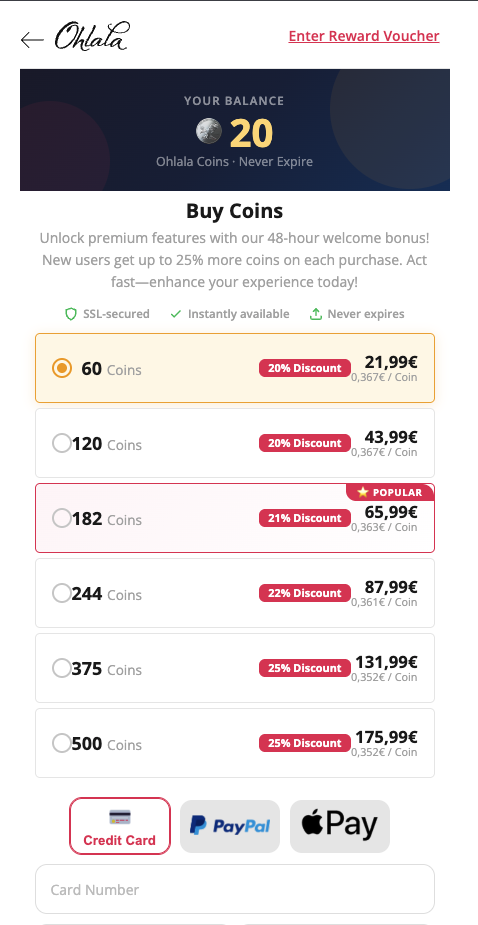 Ohlala Coin-Pakete im Test: 60 Coins für 21,99 Euro bis 500 Coins für 175,99 Euro